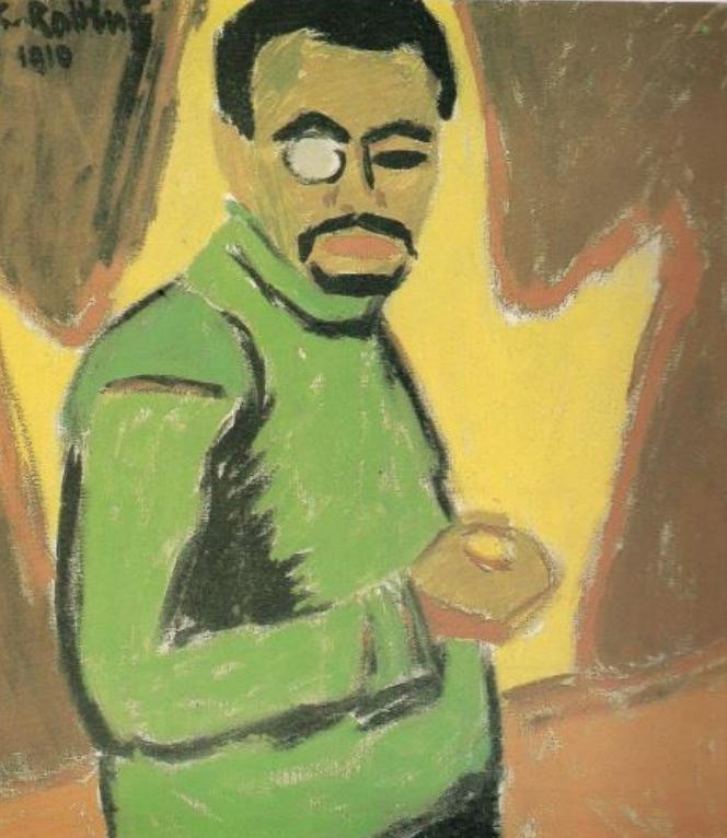 Expressionistisches Porträt eines Mannes in grünem Oberteil mit Monokel vor gelbem Hintergrund